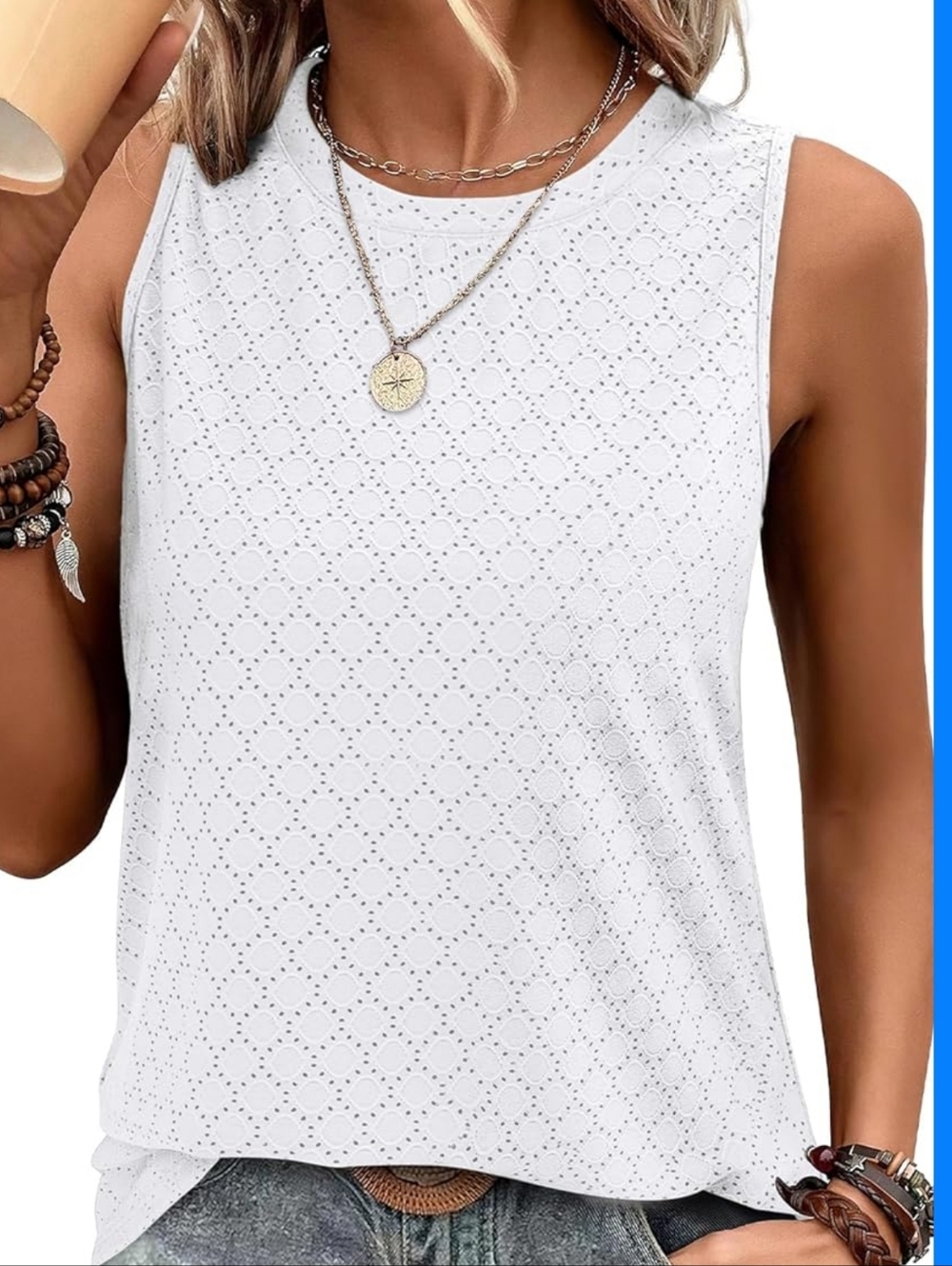 Women's Sleeveless Crewneck Eyelet Tank Top in White. XXL